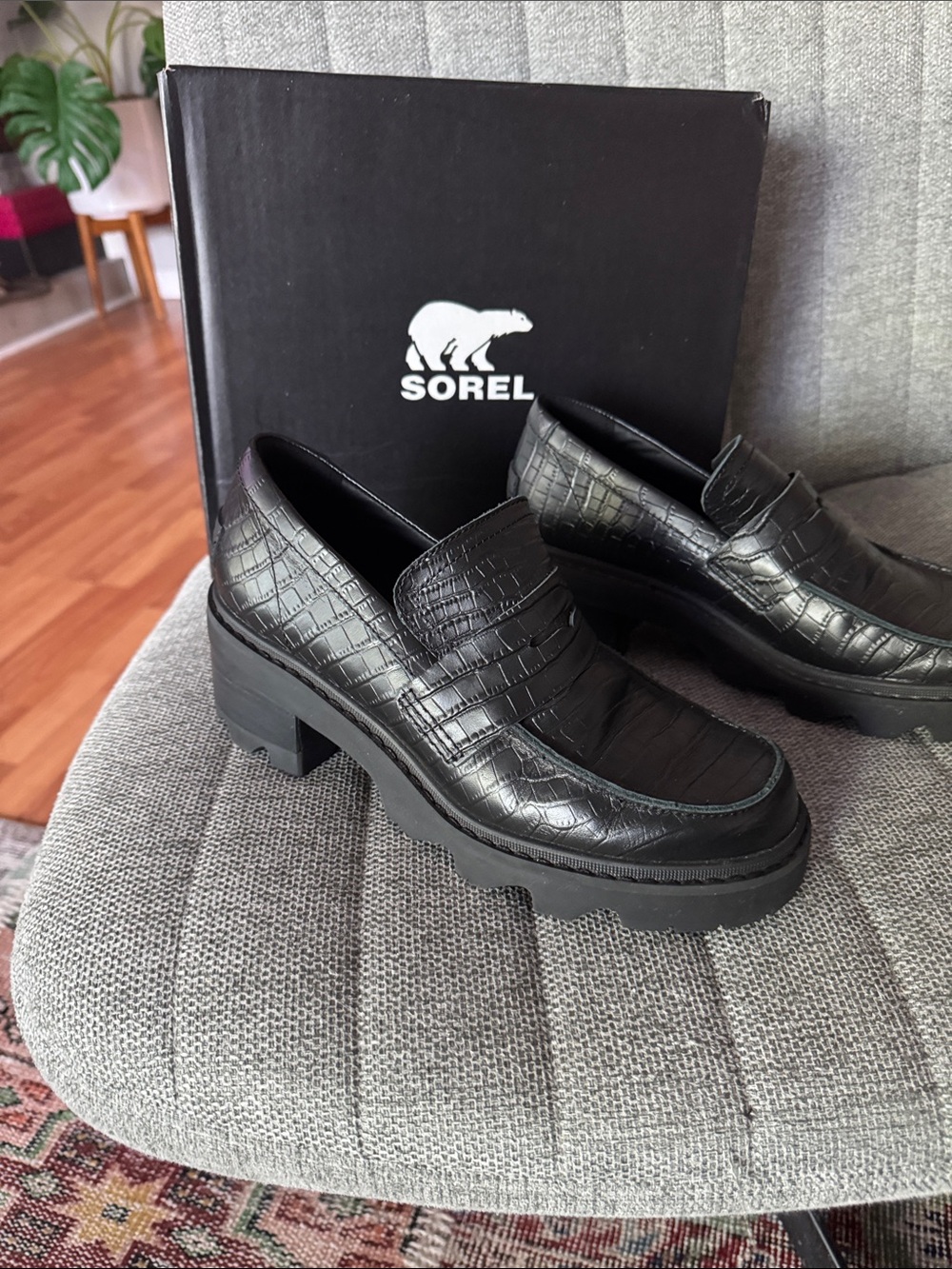 Sorel Black Croc-Embossed Lug Sole Penny Loafers